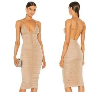 MICHAEL COSTELLO x Revolve | Taupe Fiji Ruched Mesh Midi Cocktail Dress Strappy